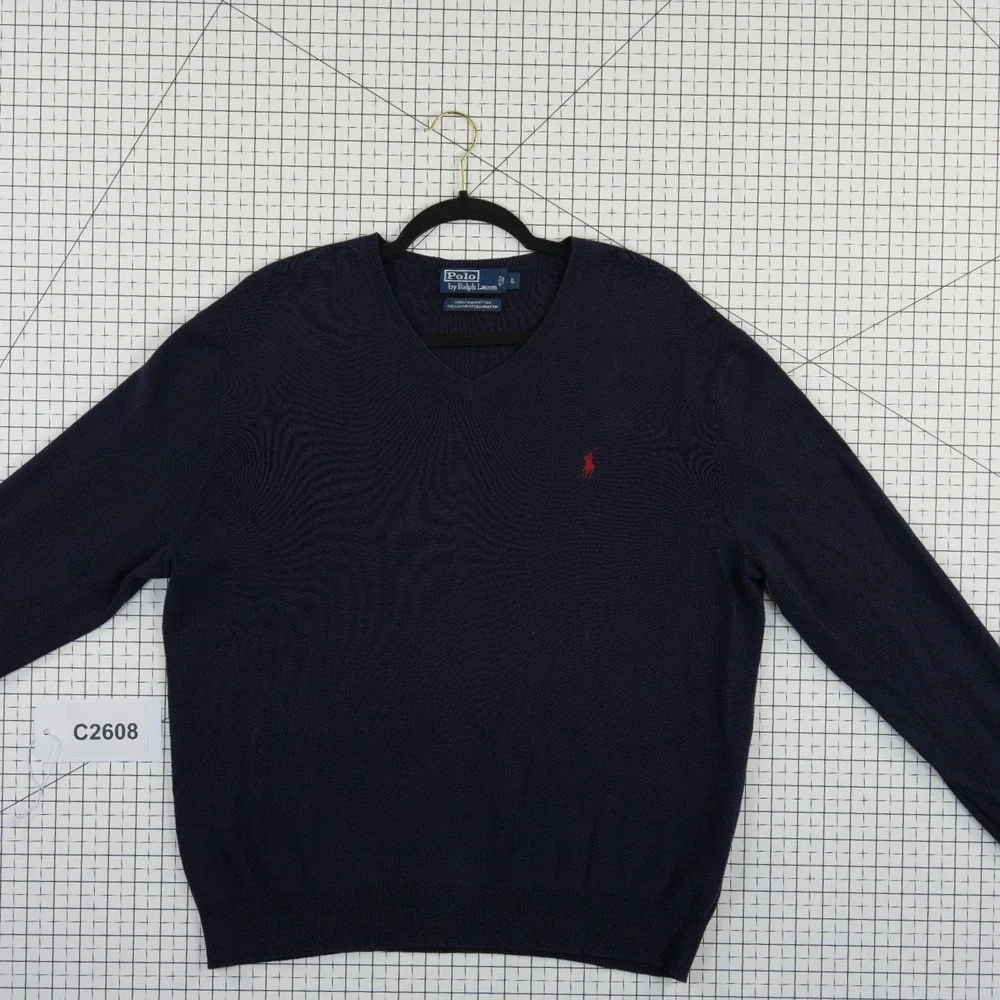 Polo Ralph Lauren 100% Pima Cotton Sweater Men's Size Large Navy Blue V‎ Neck